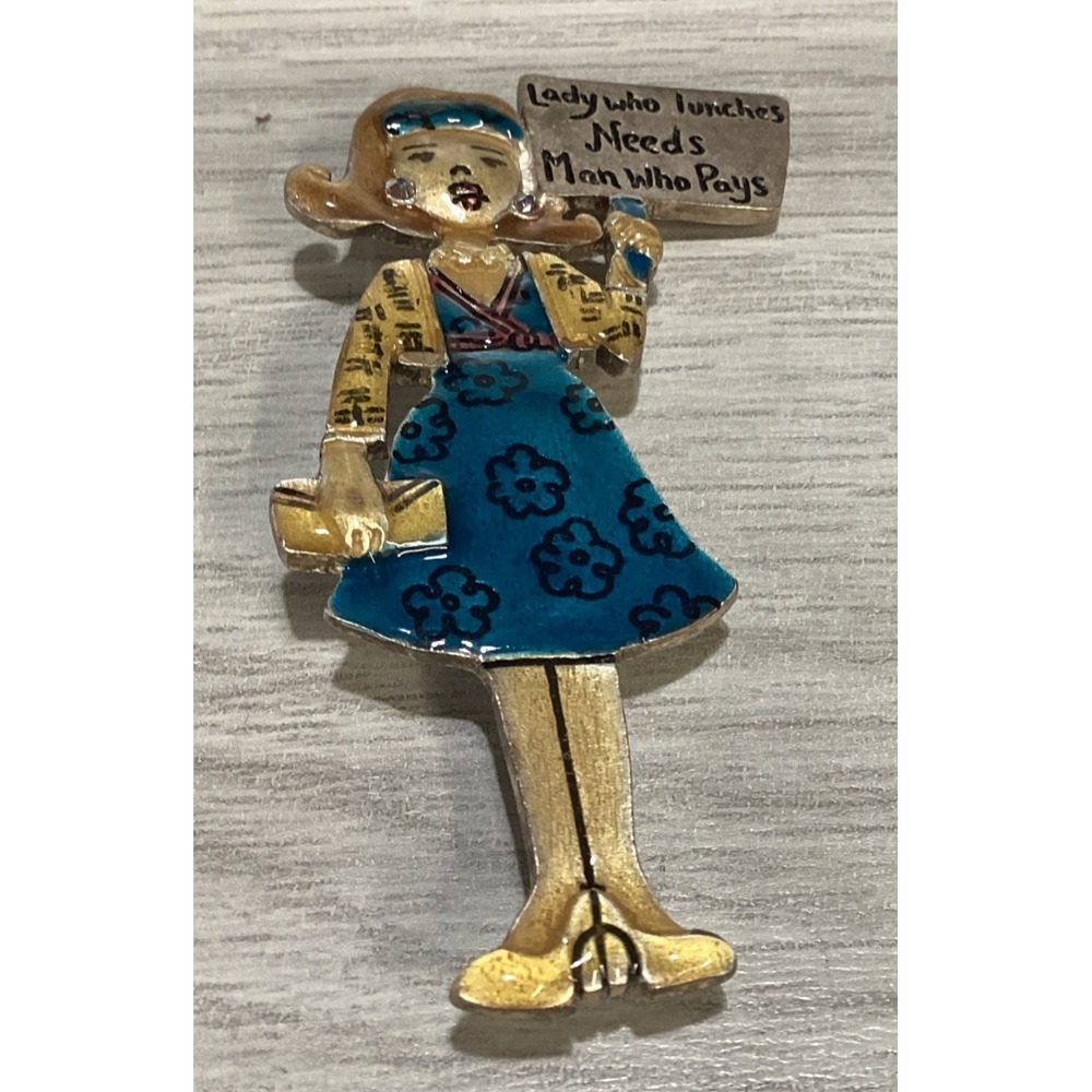 Silvertone Pin Textured Painted Girl w/ Sign Vintage Lady Lunch Man Pays